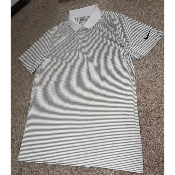 Nike Polo Shirt Mens Small Gray White Stripe Dri-FIT Golf Performance Preppy - Picture 3 of 5